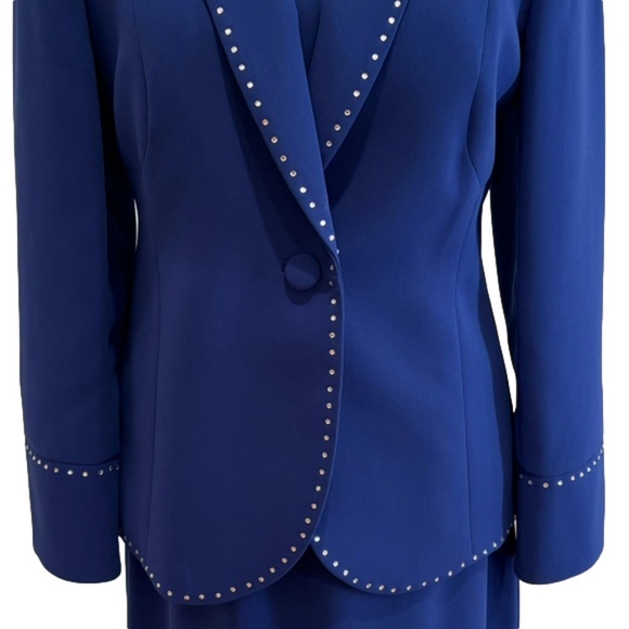 90s 3 PC NIGHT STUDIO NY BLUE W RHINESTONE BORDERED BLAZER, TOP & MIDI SKIRT 6 - Picture 4 of 17